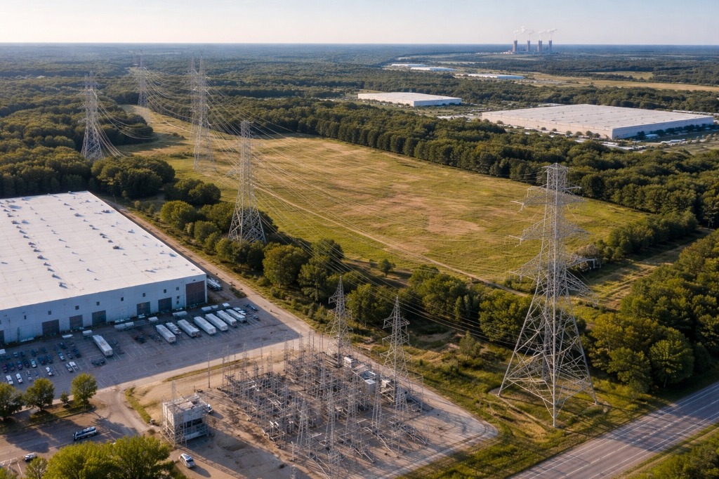 Aerial view - industrial corridor, transmission substation, power infrastructure